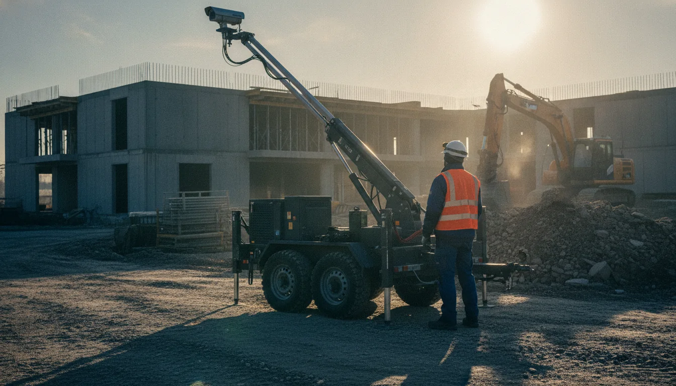 Monteur richtet den Mast eines Kameraturms auf einer Baustelle auf